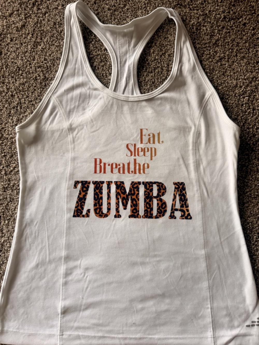 bcg White Racerback Tank with Leopard ZUMBA Graphic